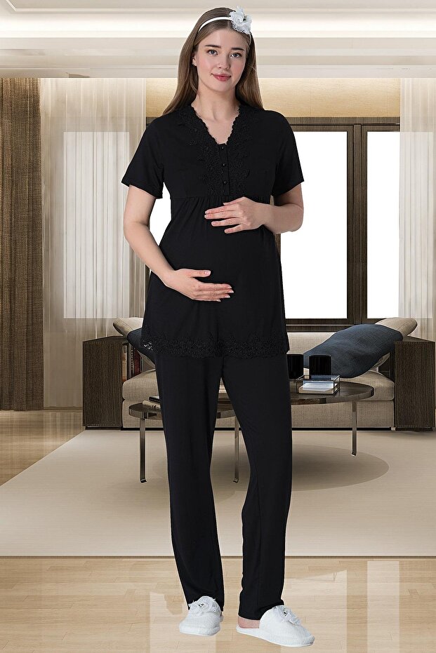 Black Short Sleeve Pregnant Maternity Pajama Set with Woven Detail