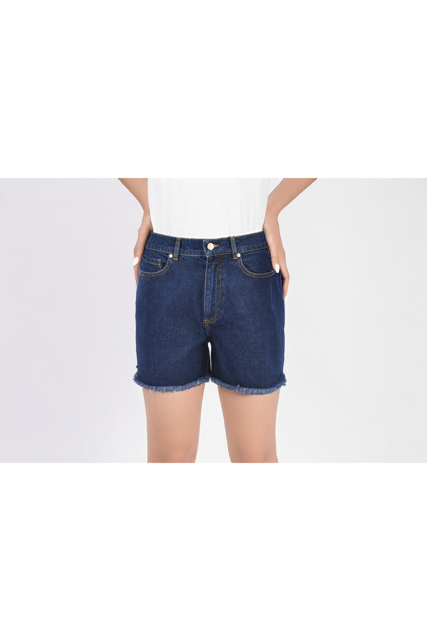 Yüksek Bel 5 Cep Denim Şort - 1