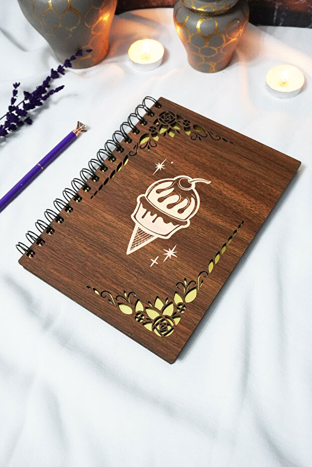 Ice Cream Spiral Notebook with Wooden Cover - Lined Notebook - 60 Sheets (120 Pages) - A5 15X21 cm