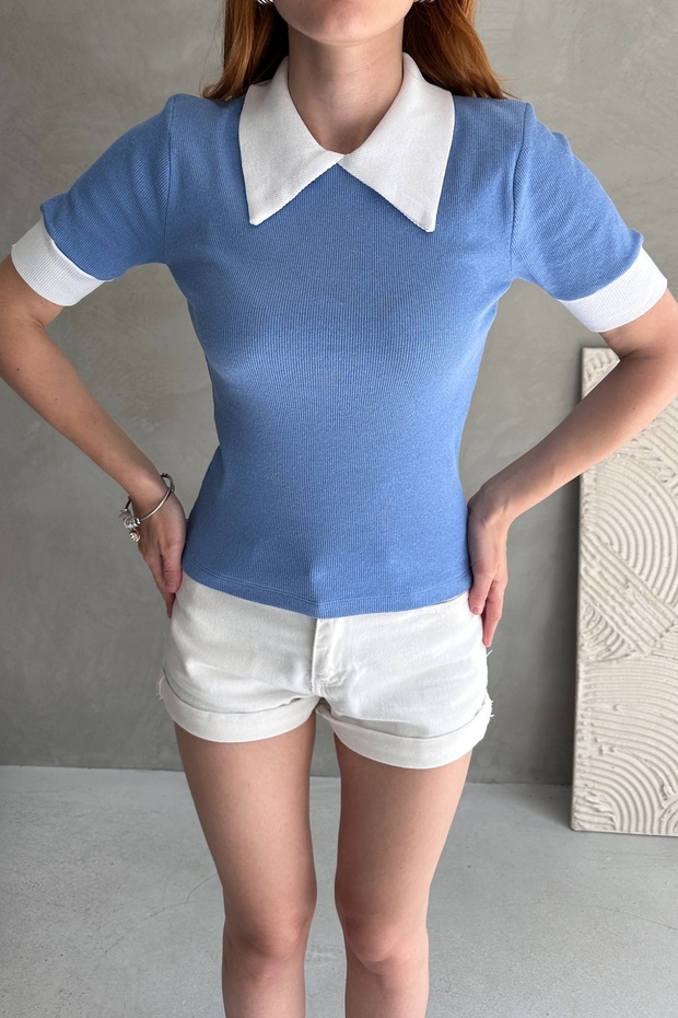 Kadın Polo Yaka Fitilli Örme Bluz - 1