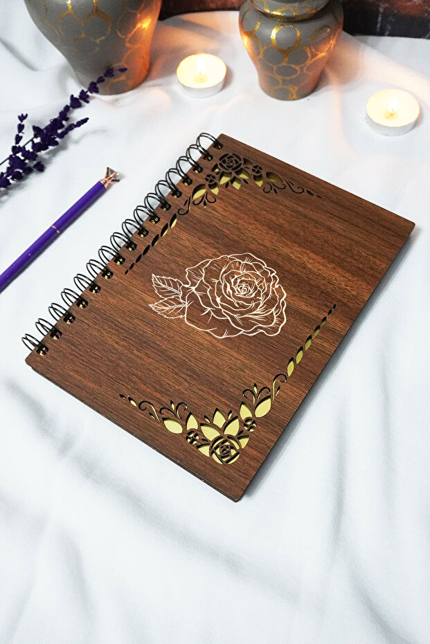 Rose Wooden Cover Spiral School Notebook - Unlined Notebook - 60 Sheets (120 Pages) - A5 15X21 cm