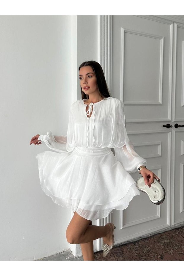 Women's Tie-Up Mini Chiffon Dress with Layered Skirt