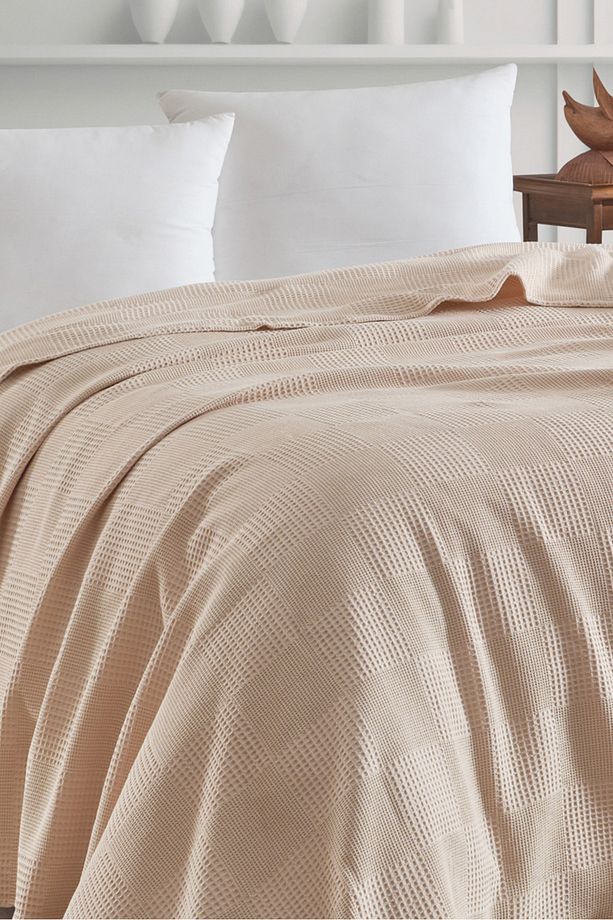 Tek Kişilik %100 Pamuk Pike Örtü 160x230 cm – Karo Desenli Bej – Weave Serisi - 3