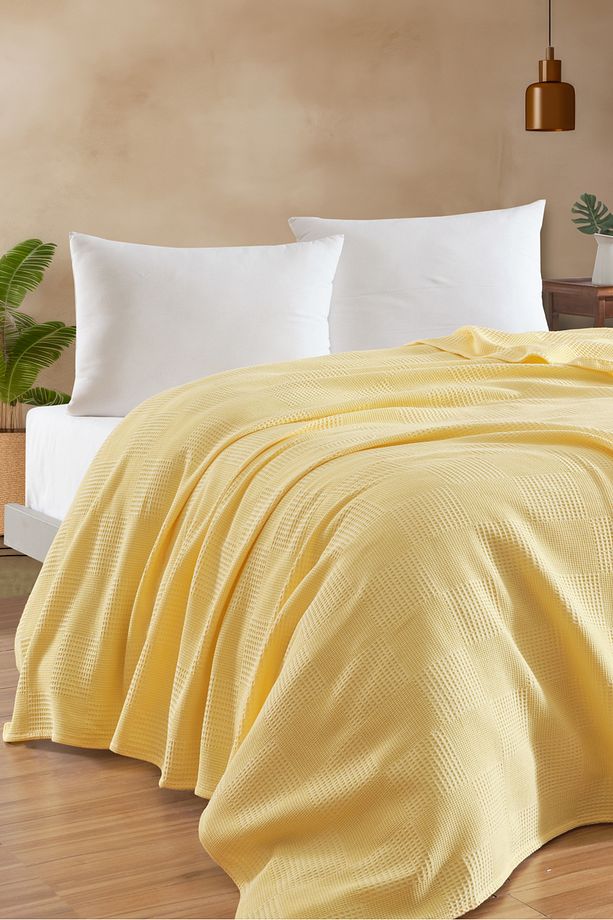 Tek Kişilik %100 Pamuk Pike Örtü 160x230 cm – Karo Desenli Sarı – Weave Serisi - 4