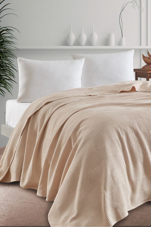 Tek Kişilik %100 Pamuk Pike Örtü 160x230 cm – Karo Desenli Bej – Weave Serisi - 4