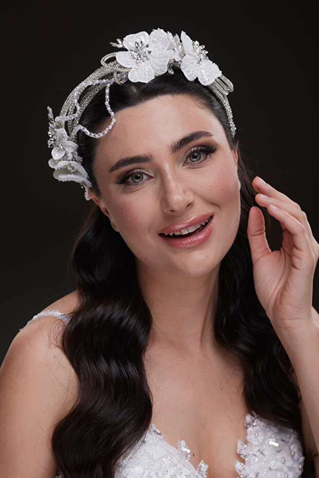 Eye-Catching Bridal Tiara - Crystal Weave and Large Flower Motif