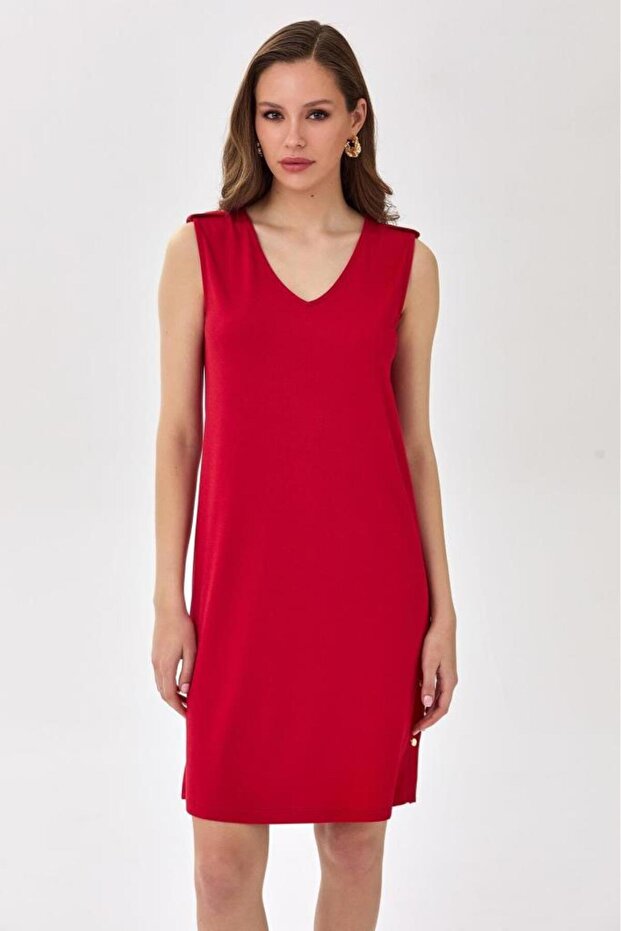 V Yaka Eteği Çıtçıt Detaylı Elbise 025-2519 - 1