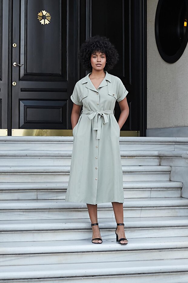 Women's Silky Modal Fabric Collar Off-Shoulder Epaulets Side Pockets Belted Below the Knee Length Long Dress-Angle