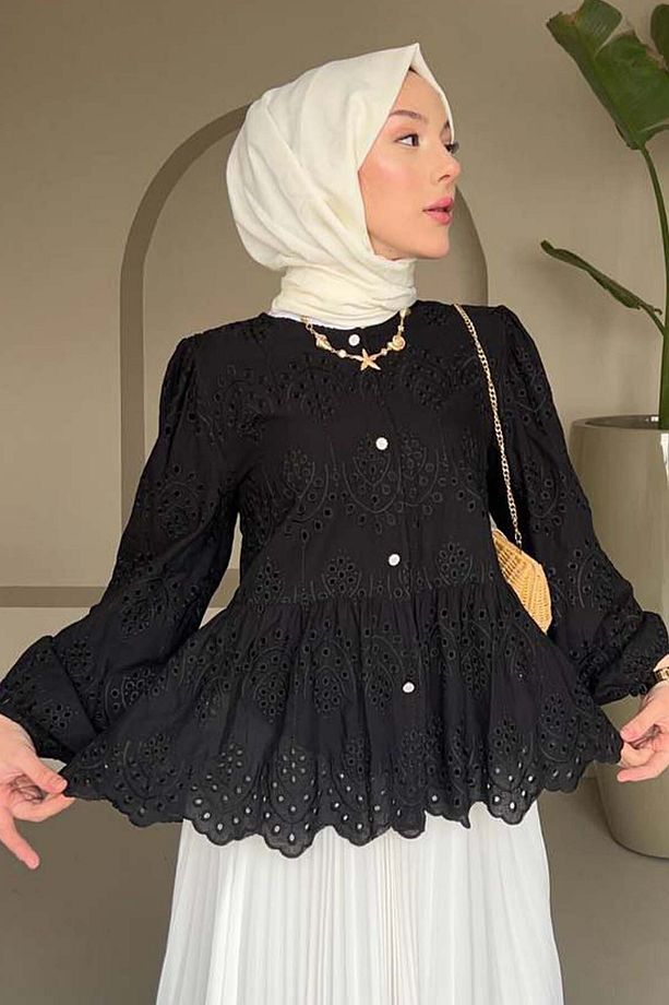 Düğme Detaylı Brode Gömlek Siyah 5003 - 1