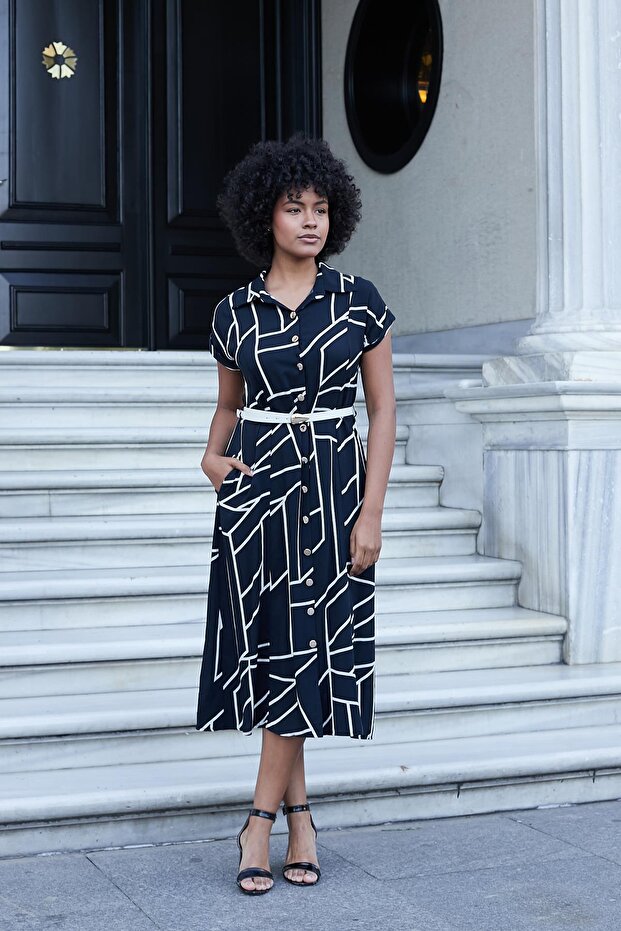 Women's Patterned Collar Off-Shoulder Double Sleeve Belt Midi Length Dress (Leather Belt Included)-Black Checkered