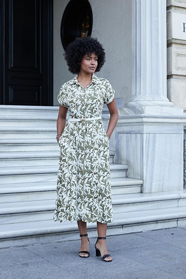 Women's Patterned Collar Off-Shoulder Double Sleeve Belt Midi Length Dress (Leather Belt Included)-Khaki Floral