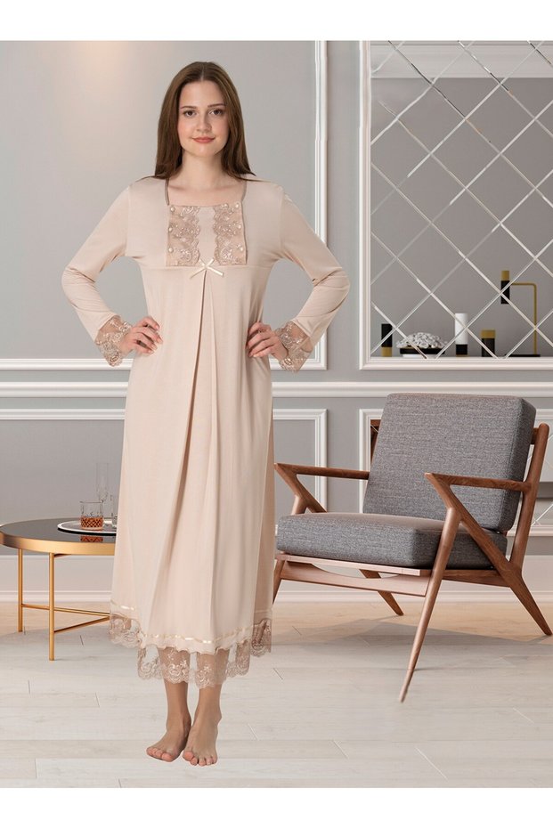 Women's Beige Sleeve and Collar Lace Maternity Nightgown