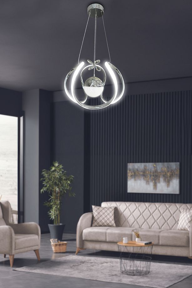 Arya Tek Toplu Led Avize 2 mt - Salon & Oturma Odası Avizesi Kumandalı Krom - 4