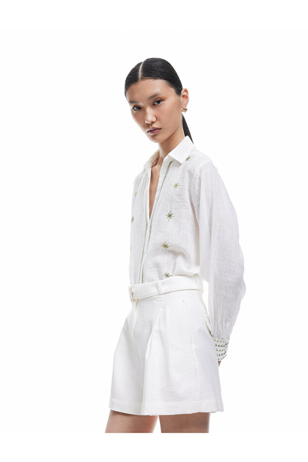 Cotton Embroidery Detailed Long Sleeve Muslin Shirt