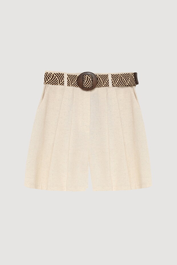 Patterned Belted Mini Linen Shorts Natural