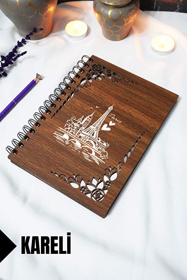 Paris Wooden Cover Spiral School Notebook - Checkered Notebook - 60 Sheets (120 Pages) - A5 15X21 cm