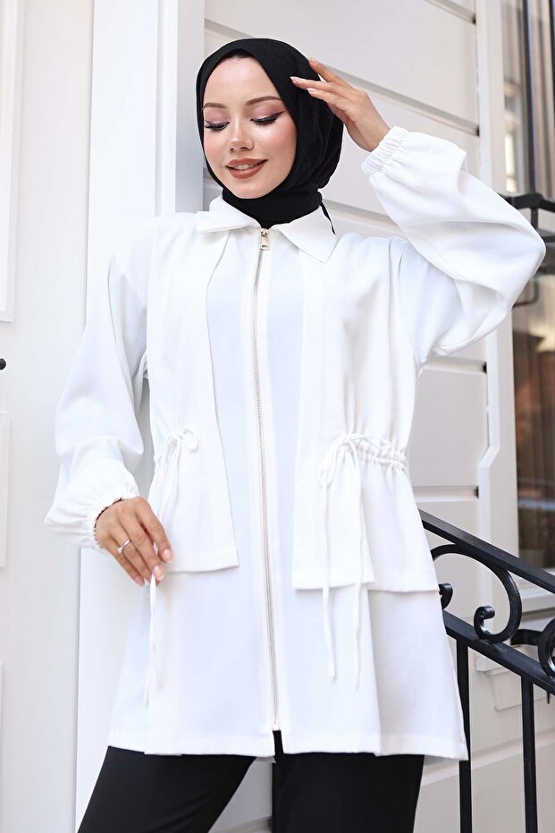 Drawstring Waist Zippered Short Cap White 3243