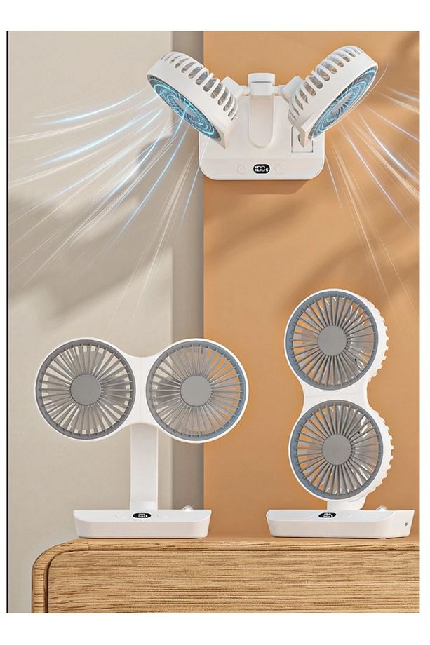 MASAÜSTÜ OTOMATİK SALINIMLI VANTİLATÖR ŞARJLI LED IŞIKLI 360 DERECE AYARLANABİLİR ASKILI FAN - 5