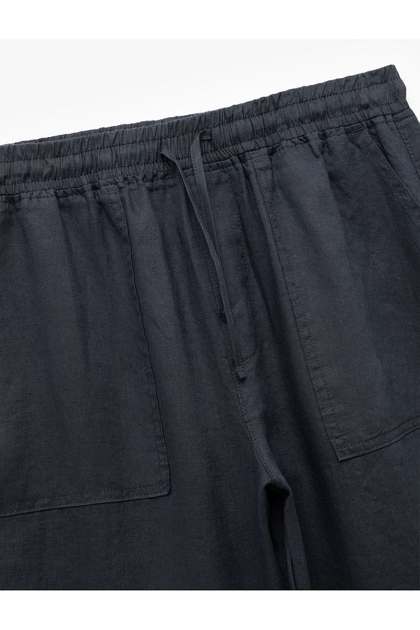 Cep Detaylı Beli Bağcıklı Oversize Keten Yazlık Pantolon - 5