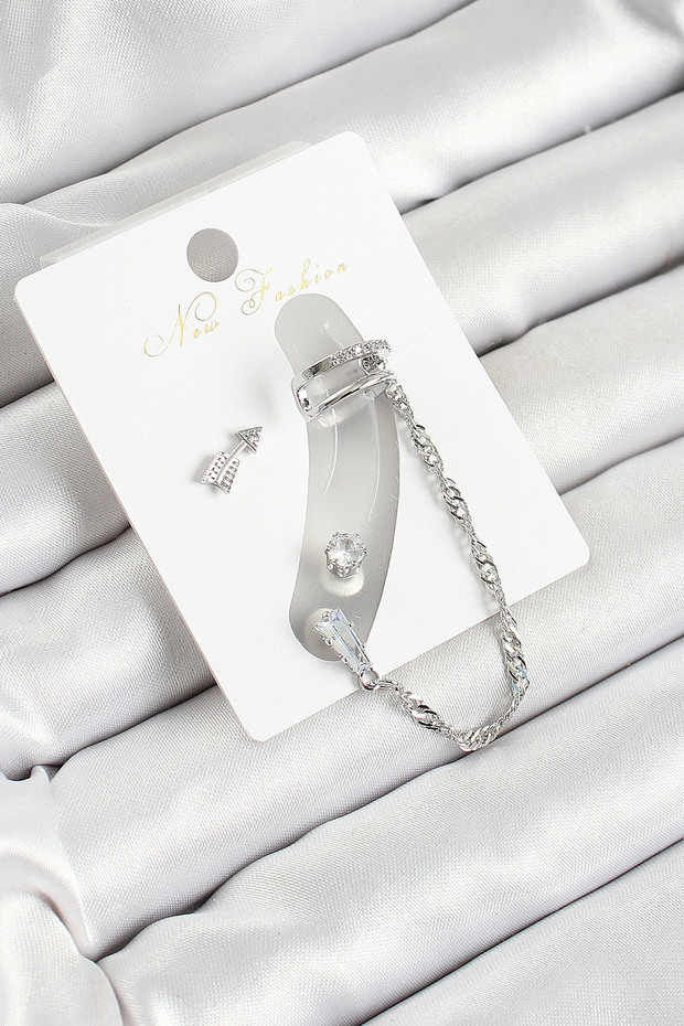 Brass Arrow Figured Zircon Stone Silver Color 3-Piece Cartilage Women's Earring Set Sl12124