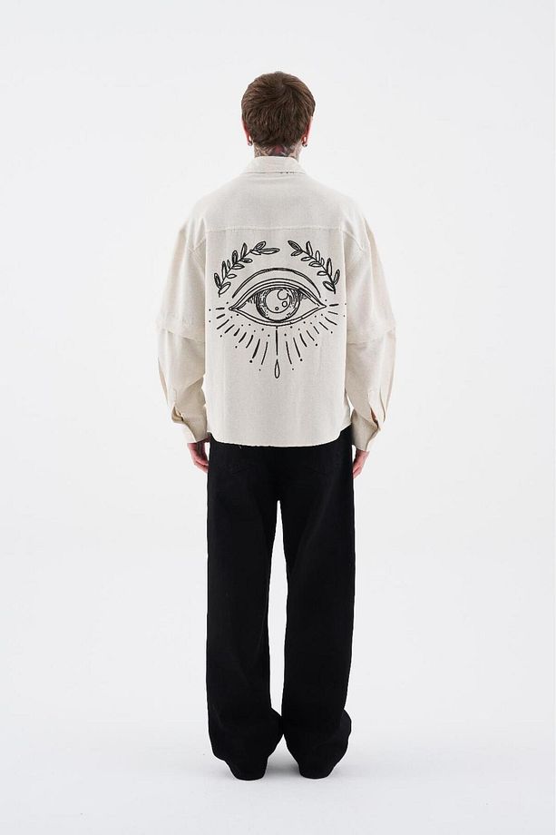 Erkek Printed Detachable Sleeve Gömlek Ecru - 7