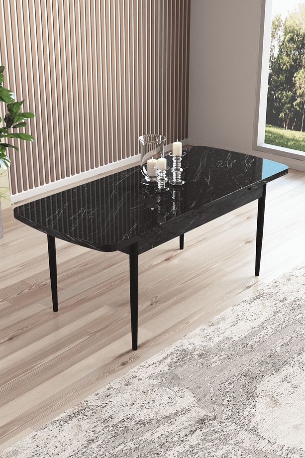 Wessa Serisi 80x132 Açılabilir MDf Siyah Mermer Desen Masa Takımı 4 Siyah Sandalye - 4