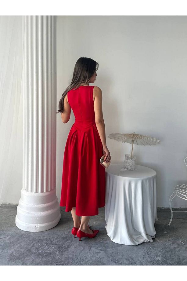 Dore Piliseli Düğmeli Midi Elbise - 2