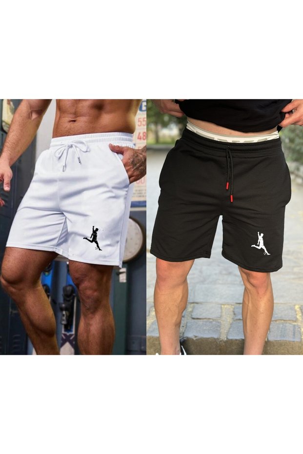 Men's 2-Piece White Black Shorts Slimfit Mold Football Player Printed Cotton Fabric