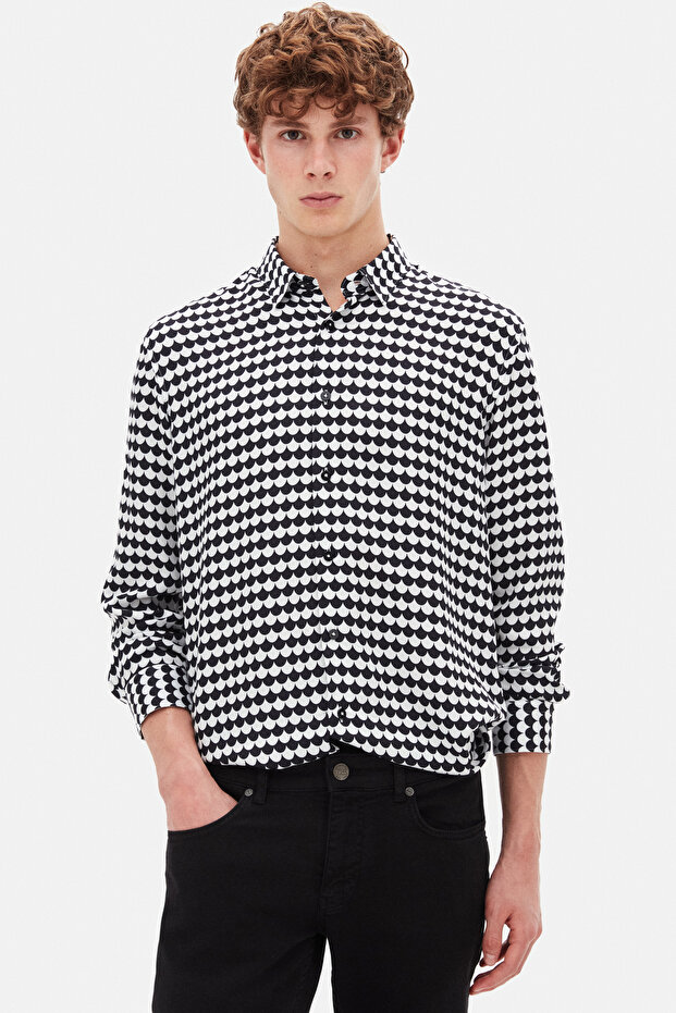 Slim Fit Siyah Baskılı Gömlek - 1