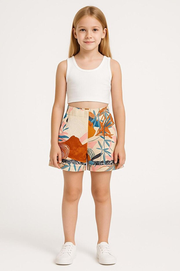 Patterned Mini Shorts with Elastic Waist at the Back