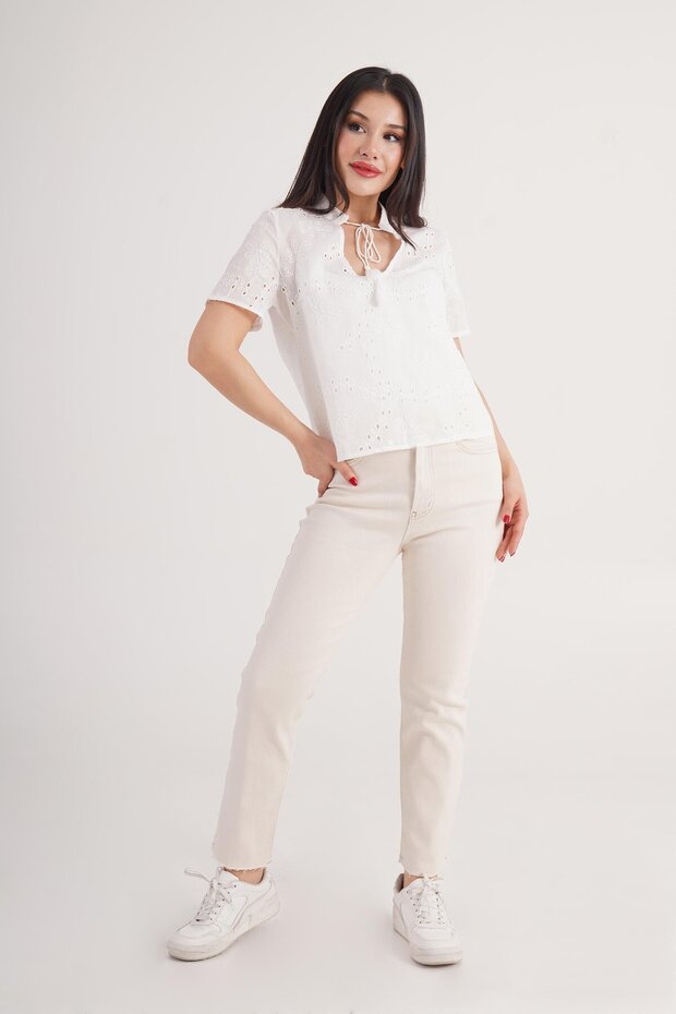 Beige Mom Pants with Cut-Out Legs