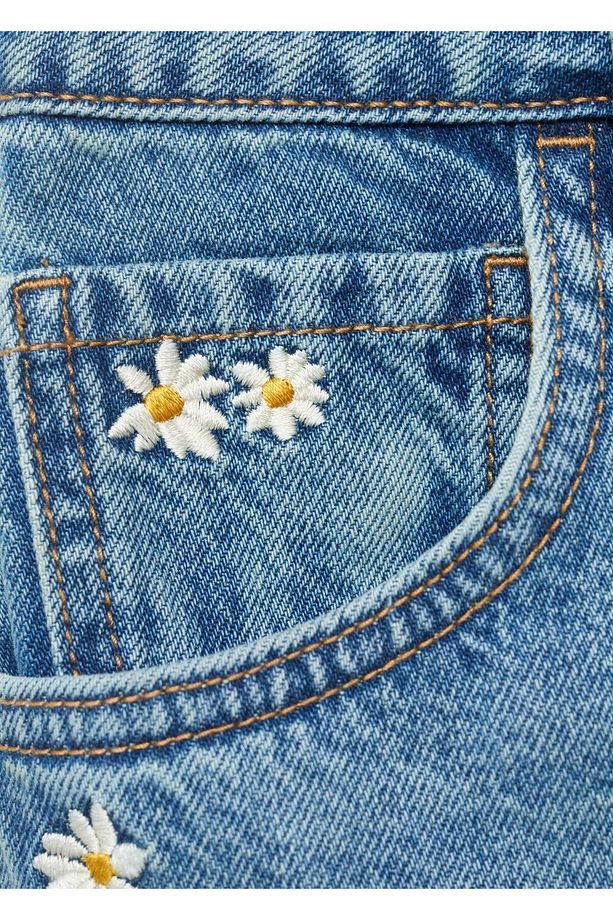 Çiçek Işlemeli Denim Bermuda Şort - 7