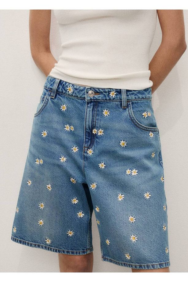 Çiçek Işlemeli Denim Bermuda Şort - 5
