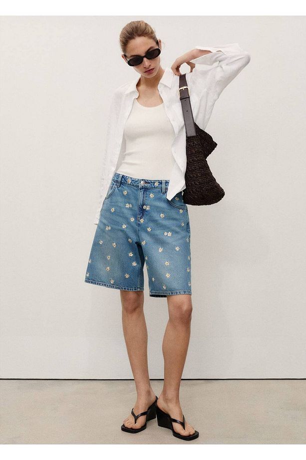 Çiçek Işlemeli Denim Bermuda Şort - 2