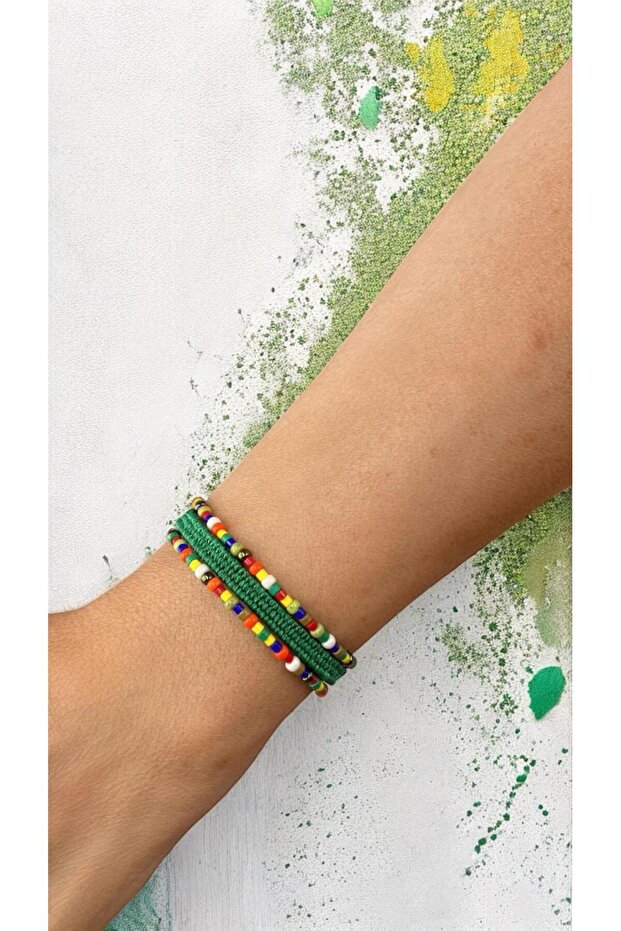 Bensei̇ Miyuki Beaded, Green Loom Woven Bracelet