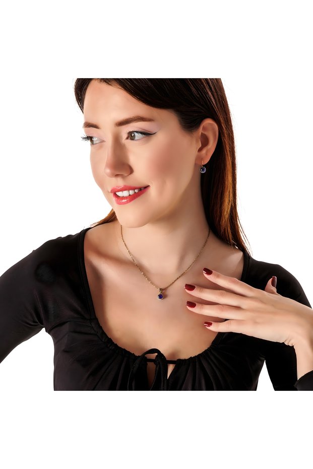 Harmoni̇ Solitaire Navy Blue Women's 2-Piece Jewelry Set Earrings Necklace Set Copper Handmade Does Not Blacken
