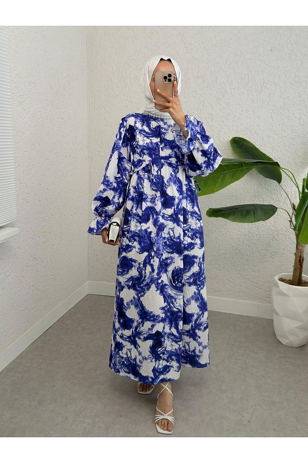 Yarım Düğmeli Beli Bağcıklı Desenli Elbise -Saks - 3
