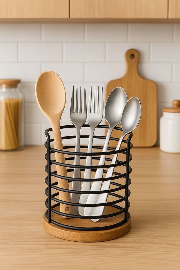 Bamboo Bottom Countertop Metal Cutlery Holder, Knife Holder Organizer
