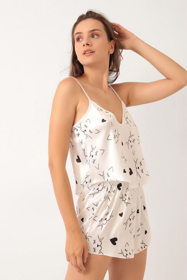 Saten Ayarlanabilir Askılı Şort Pijama Takım - 3