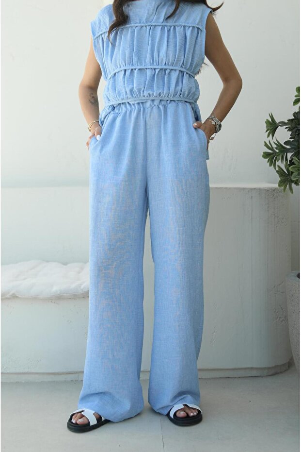 مجموعة سراويل بلوزة ذات طبقة زرقاء - 7