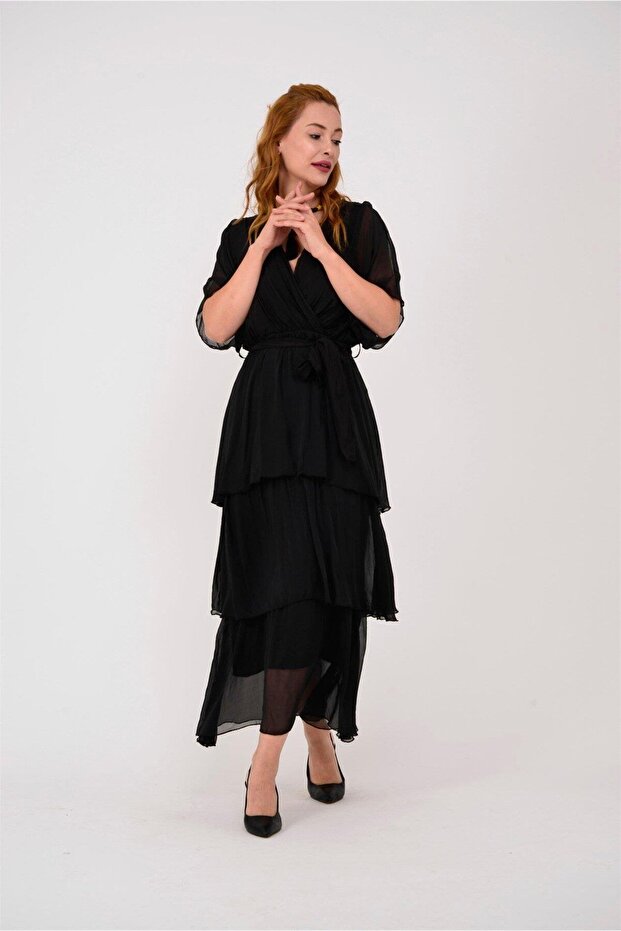 Italian Double Breasted Waist Tie Long Silk Dress