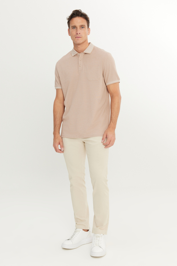 Erkek Çekmeyen Pamuklu Kumaş Comfort Fit Rahat Kesim Bej-beyaz Kıvrılmaz Polo Yaka Cepli Tişört - 2