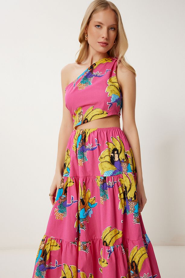 Kadın Pembe Sarı Tek Omuz Desenli Midi Poplin Elbise FK00018 - 3