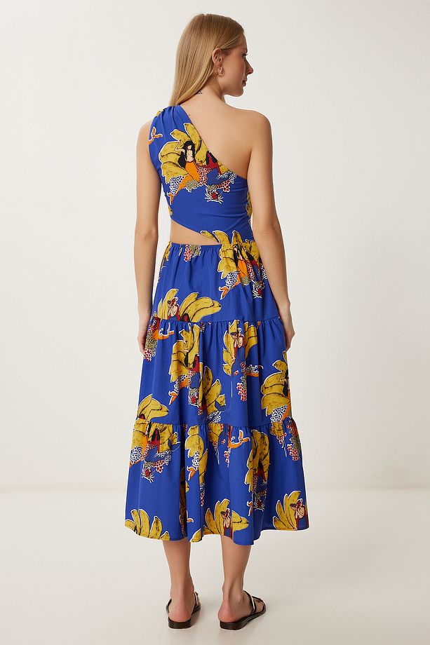Kadın Mor Sarı Tek Omuz Desenli Midi Poplin Elbise FK00018 - 6