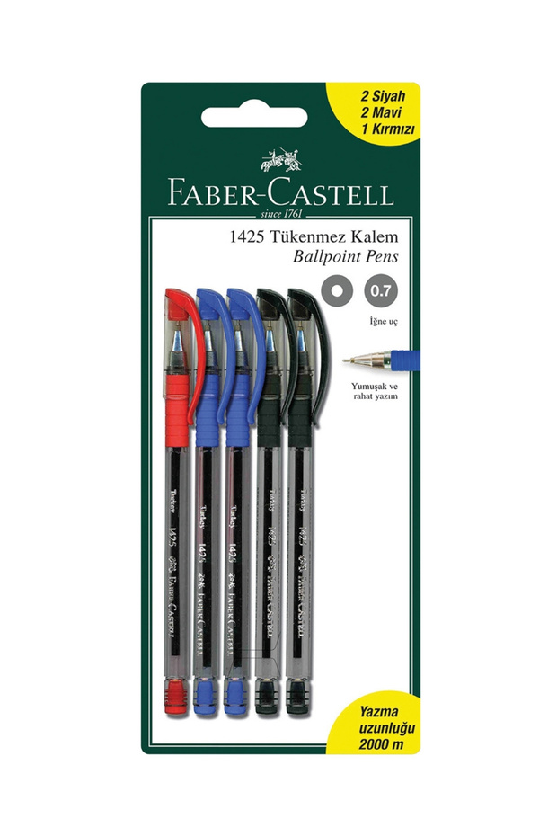Set of 5 Ballpoint Pens, Includes 2 Black, 2 Blue, 1 Red Pen