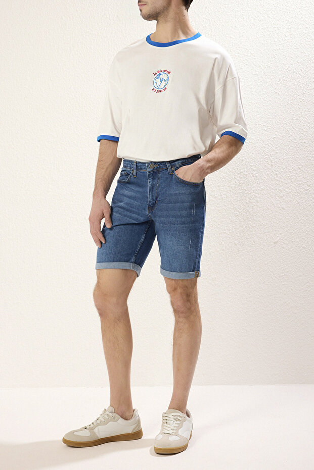 Indigo Slim Fit Tırmık Destroylu Denim Kot Şort TMNSS21SR0727 - 2