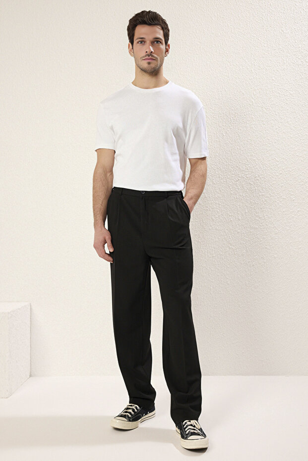 Siyah Wideleg Baggy Rahat Kalıp Dokuma Kumaş Pantolon TMNSS25PL00009 - 2