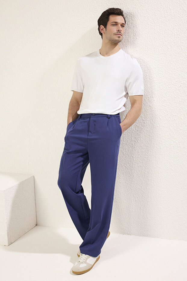 Lacivert Wideleg Baggy Rahat Kalıp Dokuma Kumaş Pantolon TMNSS25PL00007 - 2