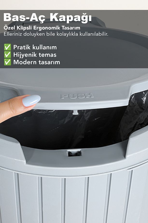 Bas Aç Kapaklı Çöp Kovası - Click Kapak Pedallı Çöp Kovası Banyo Mutfak Çöp Kovası 12 Litre Gri - 4