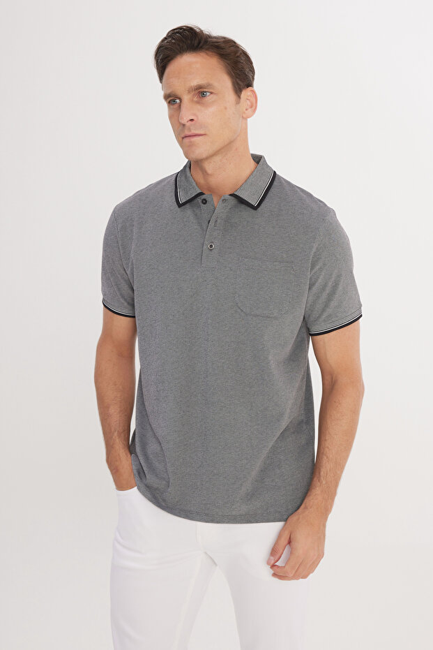 Erkek Çekmeyen Pamuklu Kumaş Regular Fit Rahat Kesim Siyah Kıvrılmaz Polo Yaka Cepli Tişört - 5